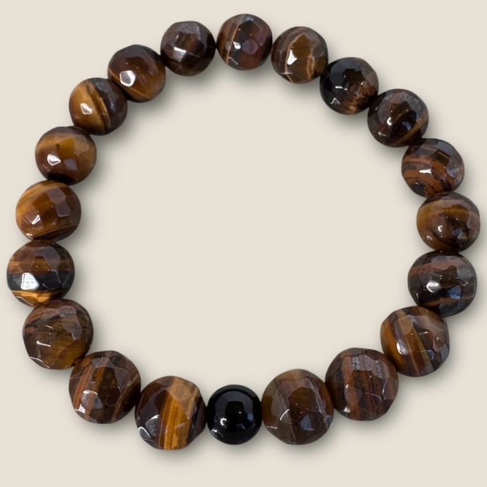 Hand Crafted Faceted Tiger Eye Stretch Bracelet Brown 6.75" Beaded NWT - Picture 4 of 12
